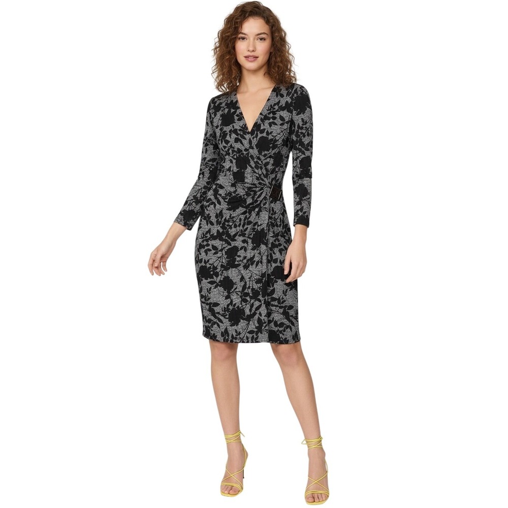 Flattering Drape Anne Klein Jersey Knit Faux Wrap Floral Dress LION Buckle 4